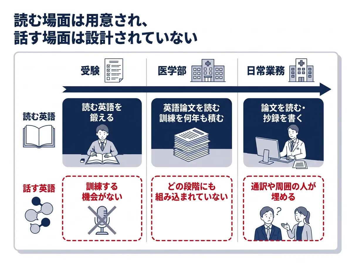 受験では読む英語を鍛え、医学部では英語論文を読む訓練を積み、日常業務では論文を読み抄録を書く。話す英語は、どの段階にも組み込まれず、通訳や周囲の人が埋める