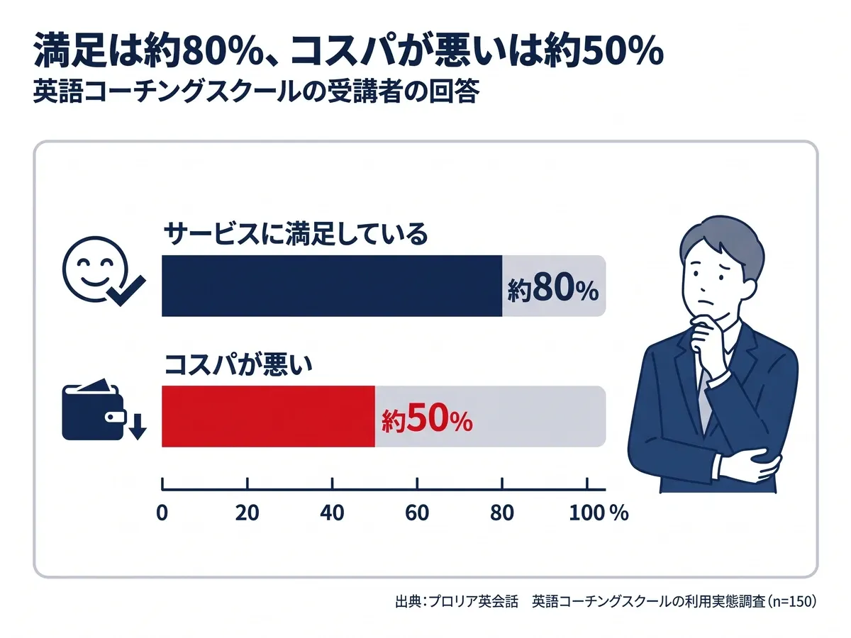 英語コーチング受講者のうち「サービスに満足している」は約80%、「コスパが悪い」は約50%（プロリア英会話の調査・n=150）