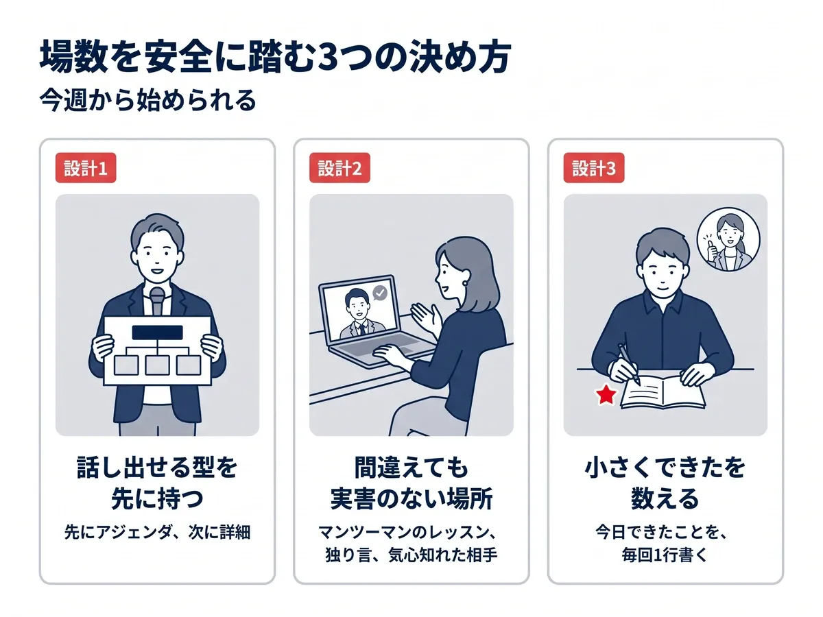 場数を安全に踏む3つの決め方:話し出せる型を先に持つ(先にアジェンダ、次に詳細)、間違えても実害のない場所を確保する(マンツーマンのレッスン・独り言・気心知れた相手)、小さくできたを数える(今日できたことを毎回1行)