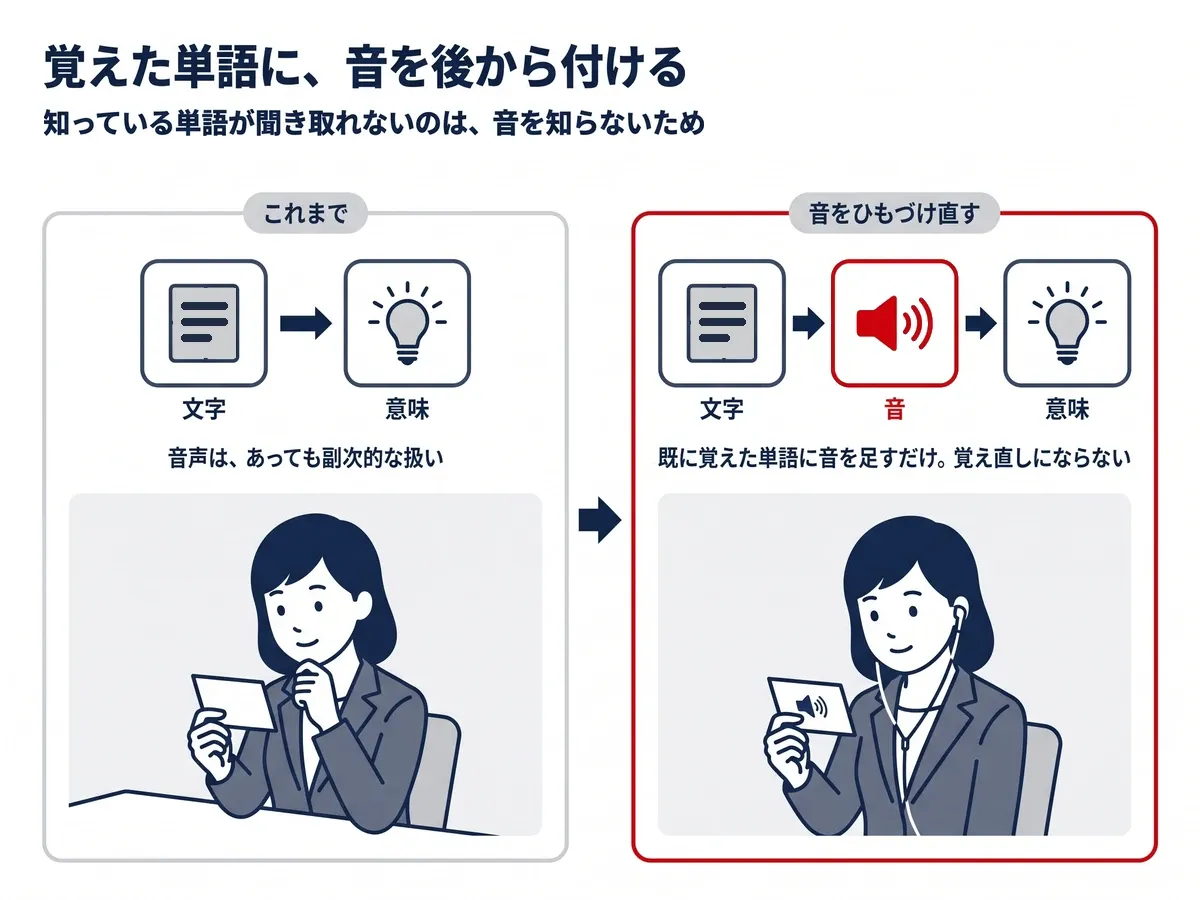 これまでの単語の覚え方は文字→意味で、音声は副次的だった。音をひもづけ直すと文字→音→意味になり、既に覚えた単語に音を足すだけなので覚え直しにならない