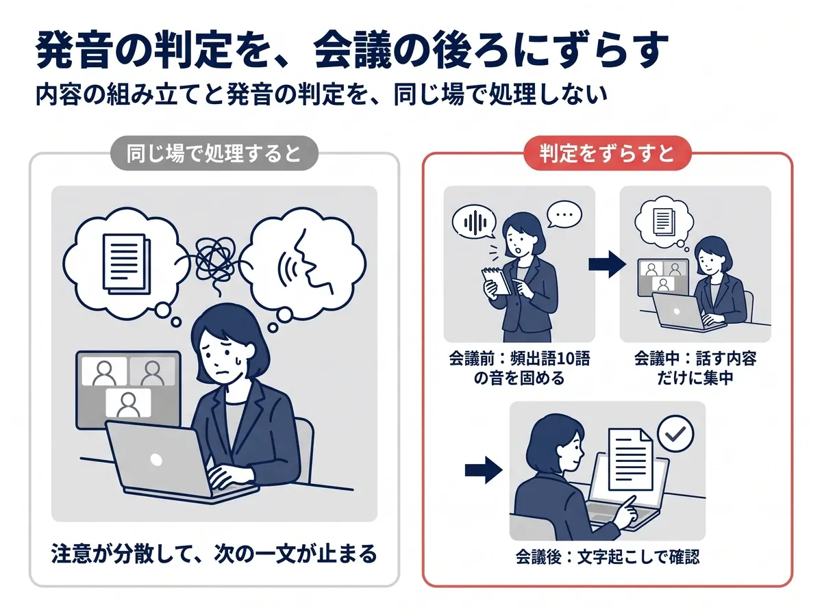 会議中に内容の組み立てと発音の判定を同じ場で処理すると注意が分散して次の一文が止まる。会議前に頻出語の音を固め、判定を会議の後ろにずらすと内容に集中できる