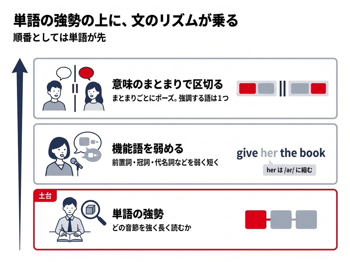 英語のリズムの3つの層:単語の強勢(土台)・機能語を弱める・意味のまとまりで区切る